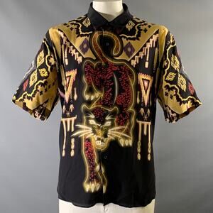 ETRO Size XL Black Gold Animals Silk Button Down Short Sleeve Shirt